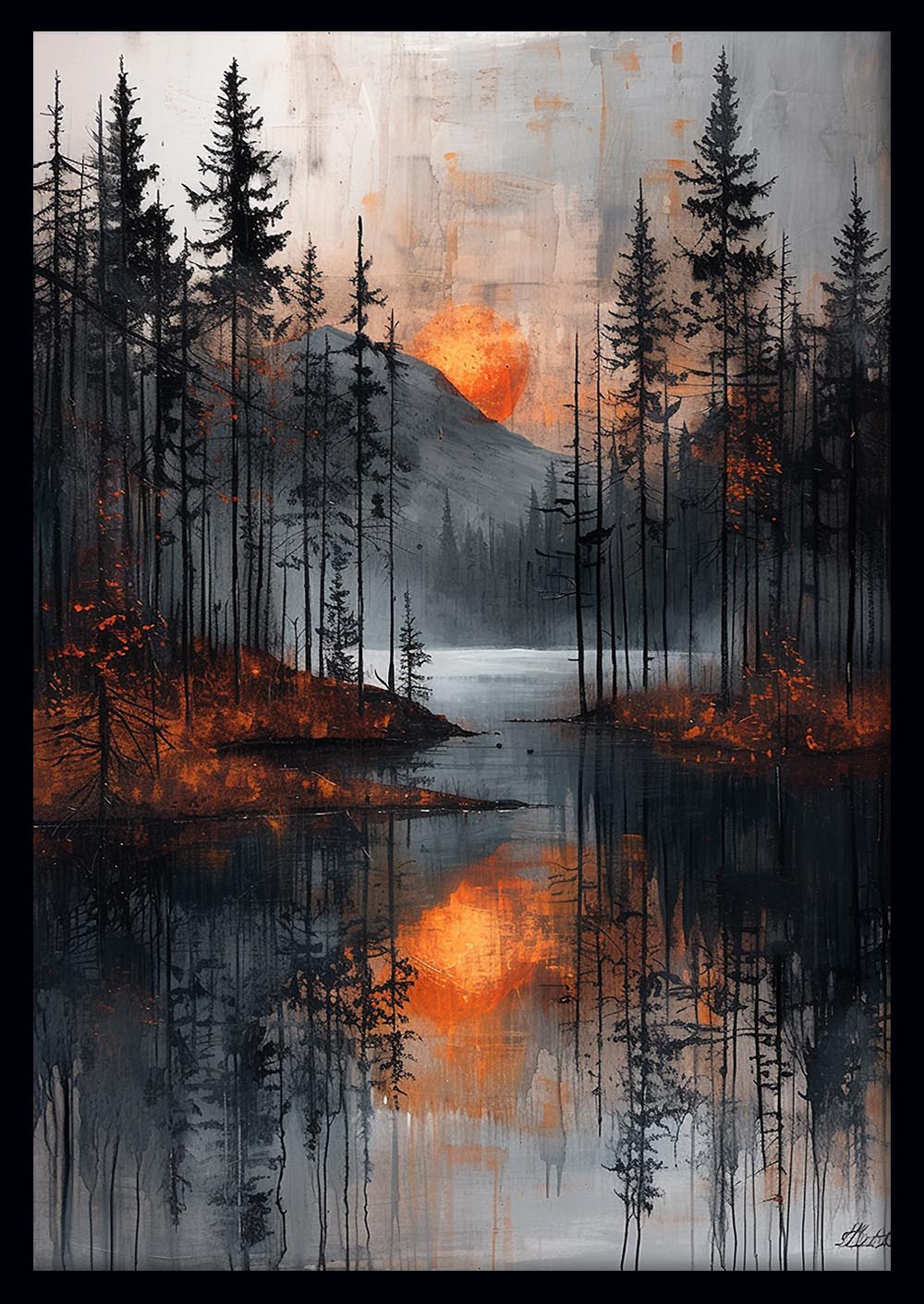 Moody Forest Sunset – Dramatic Lake Reflection Canvas & Poster Wall Art – T1138 – AiPrintLab