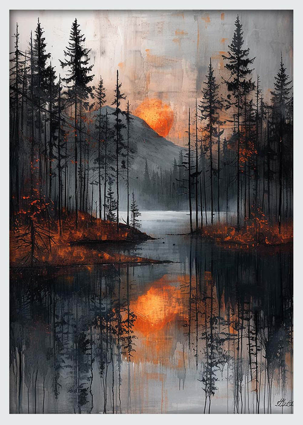 Moody Forest Sunset – Dramatic Lake Reflection Canvas & Poster Wall Art – T1138 – AiPrintLab
