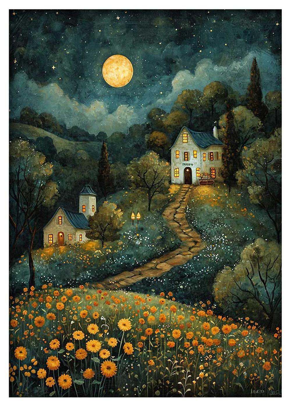 Moonlit Cottage Landscape Canvas Print & Poster – T595 – AiPrintLab