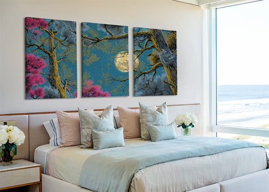 Moonlit Forest Canvas Wall Art – Mystical Night Tree Landscape – Single & 3 Panel Canvas – AI PRINT LAB