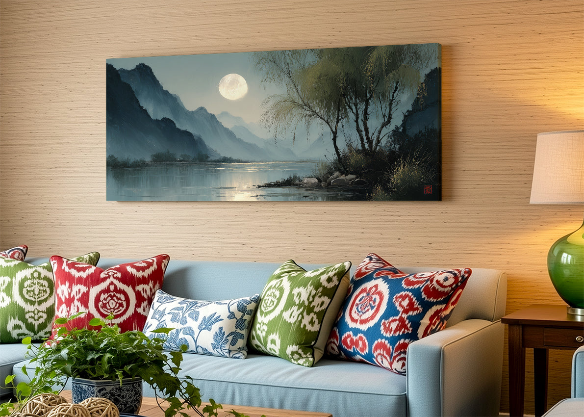 Moonlit River Mountain Landscape Canvas Wall Art – Single & 3 Panel Split – AI PRINT LAB