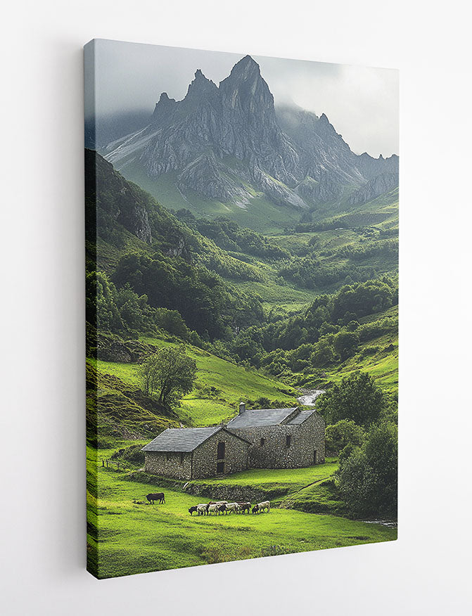 Mountain Valley Farmhouse Wall Art – Scenic Countryside Canvas & Poster Print – T1389 –