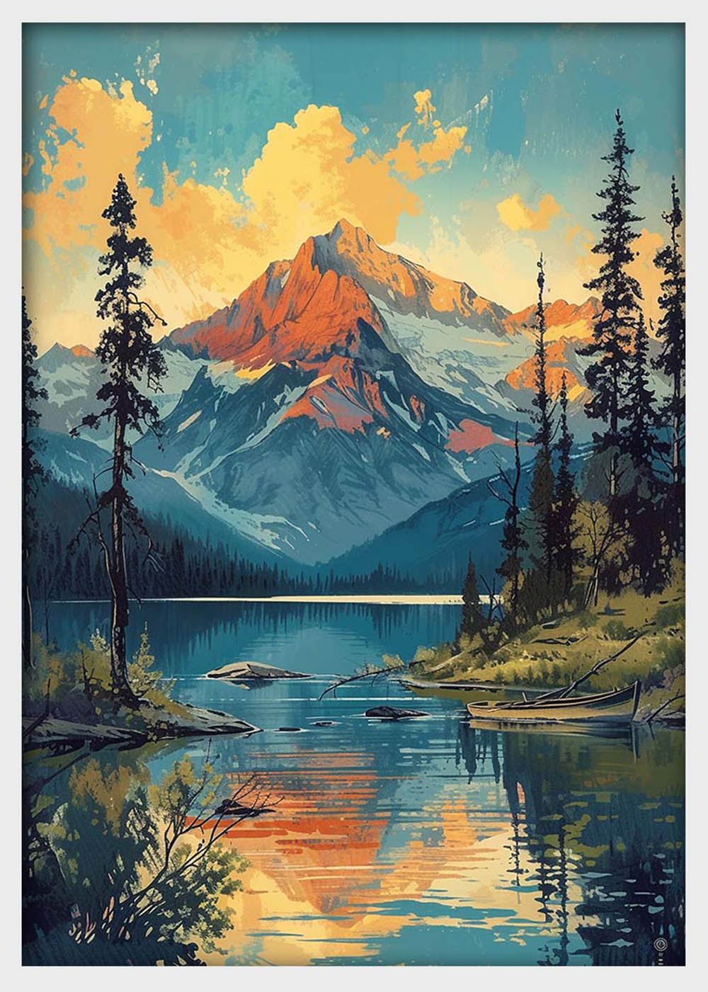 Mountain Lake Sunset Canvas Wall Art & Poster Print | Serene Alpine Landscape Painting – T1356 – Aiprintlab