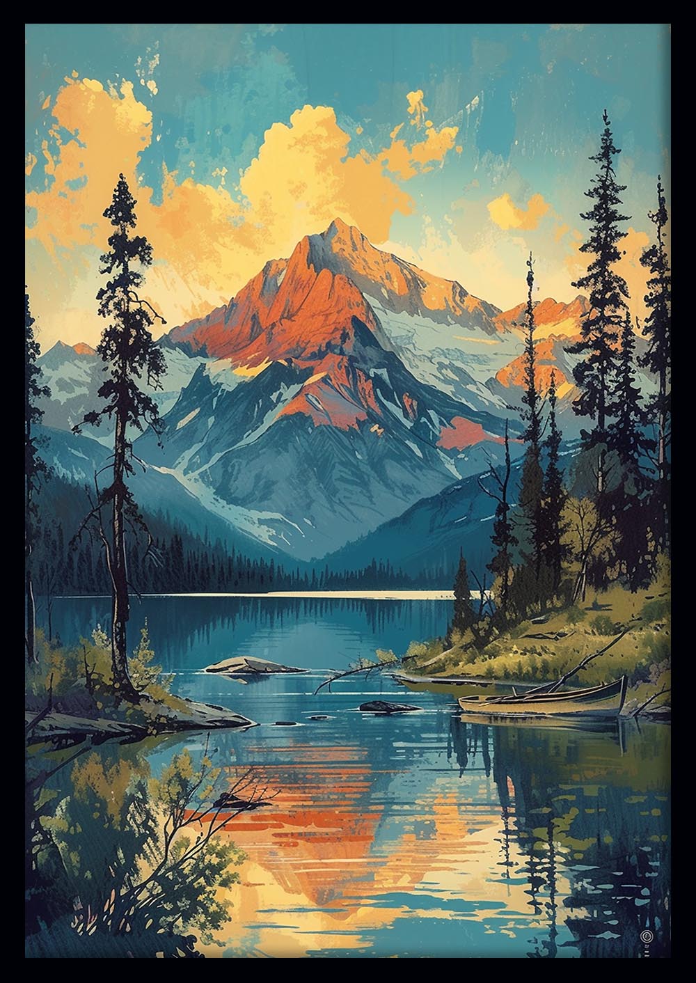 Mountain Lake Sunset Canvas Wall Art & Poster Print | Serene Alpine Landscape Painting – T1356 – Aiprintlab 1