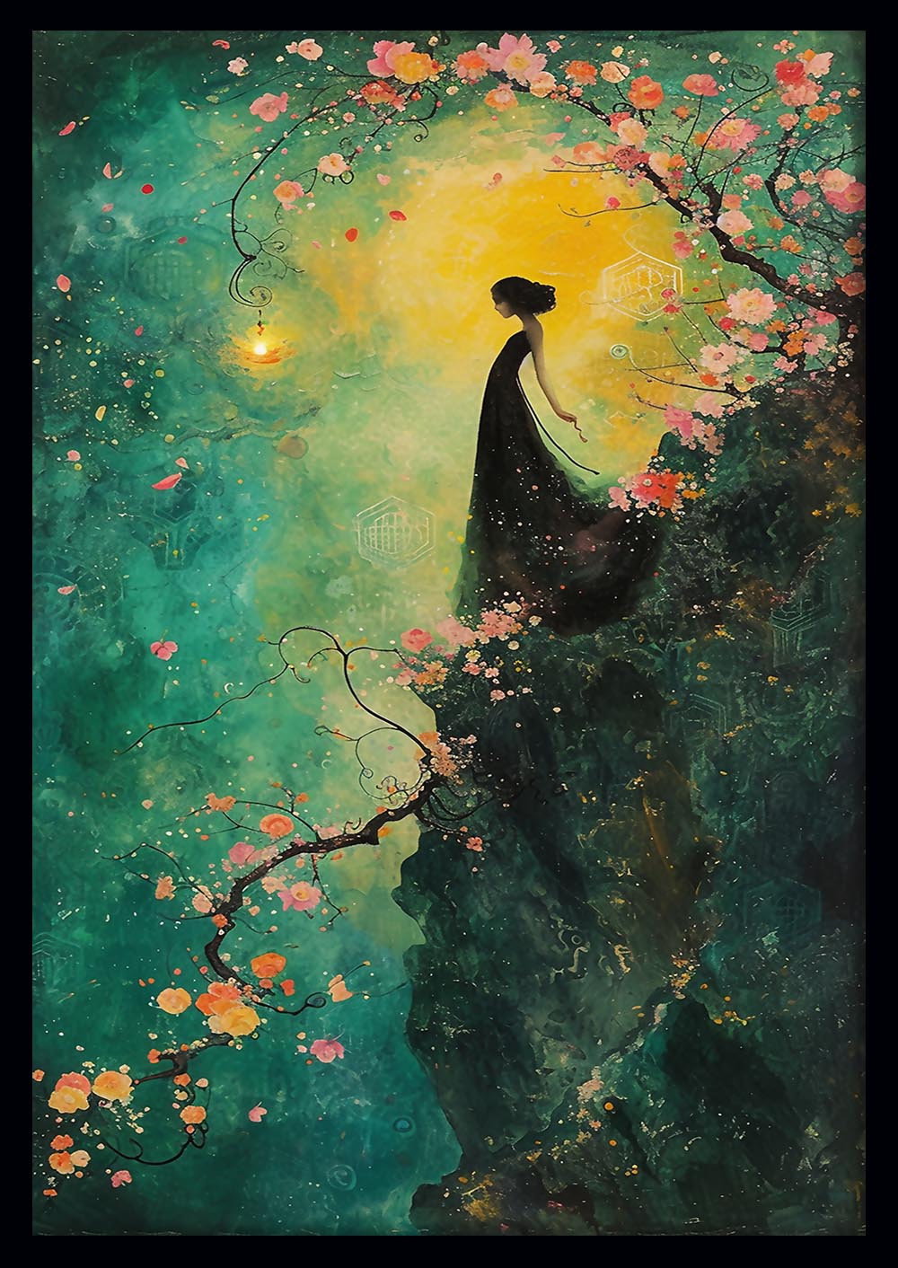 Mystic Blossom Cliffside Girl – Fantasy Canvas & Poster Wall Art – T794 – AiPrintLab