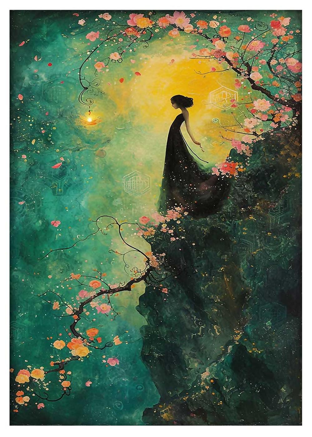 Mystic Blossom Cliffside Girl – Fantasy Canvas & Poster Wall Art – T794 – AiPrintLab