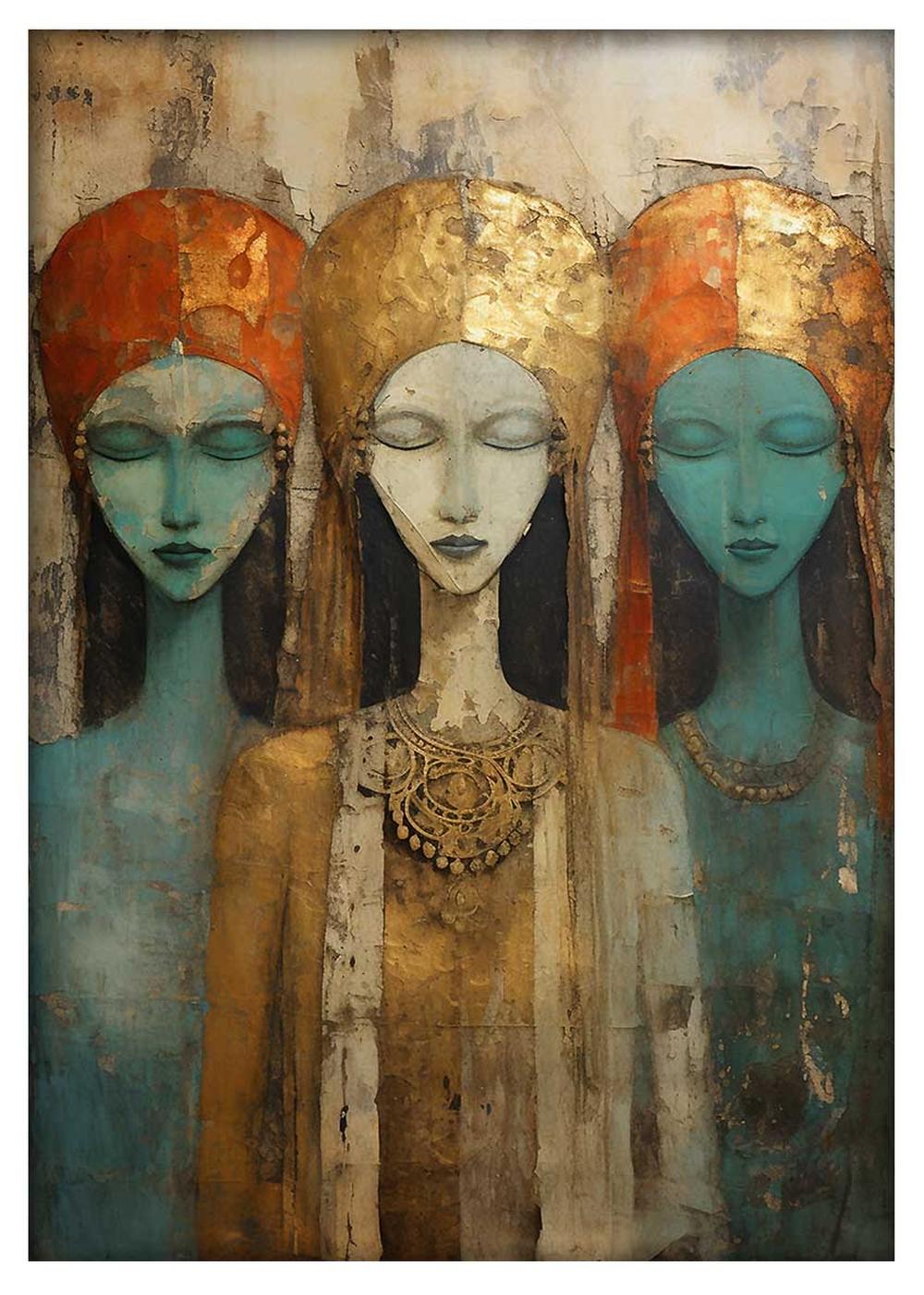 Mystic Sisters Gold & Turquoise Tribal Portrait – T530 – AiPrintLab