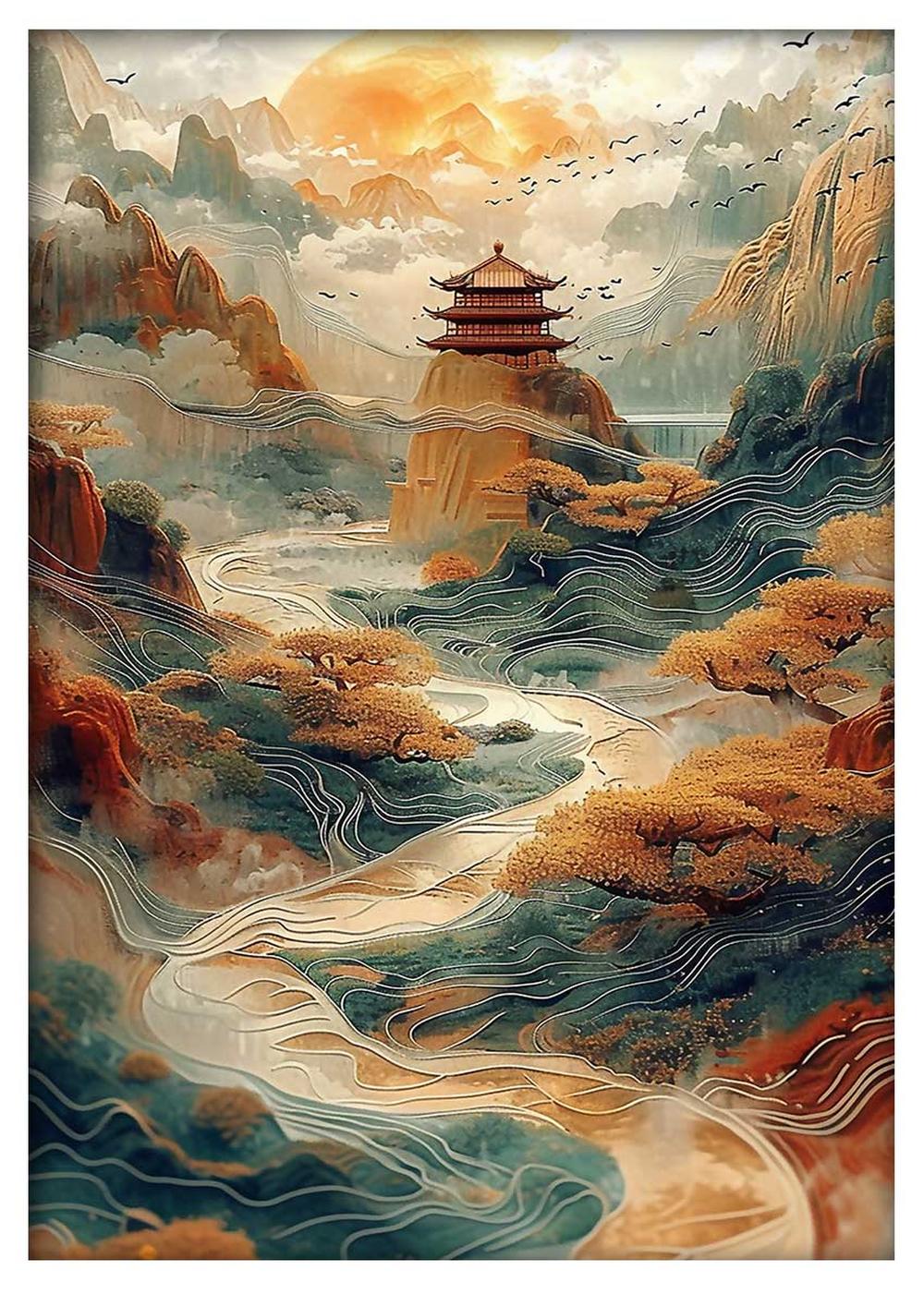 Mystical Asian Landscape with Temple Canvas Art & Poster – T708 – AiPrintLab