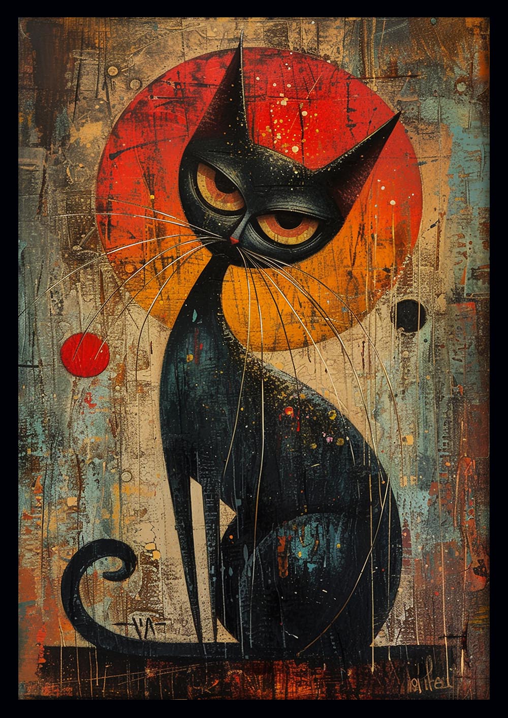 Mystical Black Cat – Abstract Whimsical Cat Canvas Wall Art – T945 – AiPrintLab