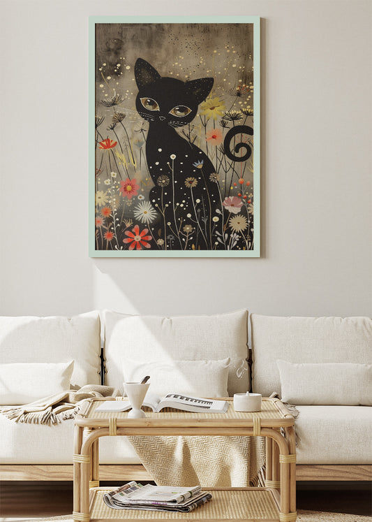 Mystical Black Cat in Wildflowers Canvas Print & Poster – Enchanted Animal Wall Art