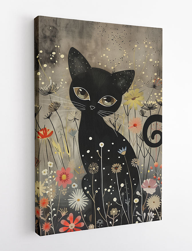 Mystical Black Cat in Wildflowers – Whimsical Canvas & Poster Wall Art – T1041 – AiPrintLab