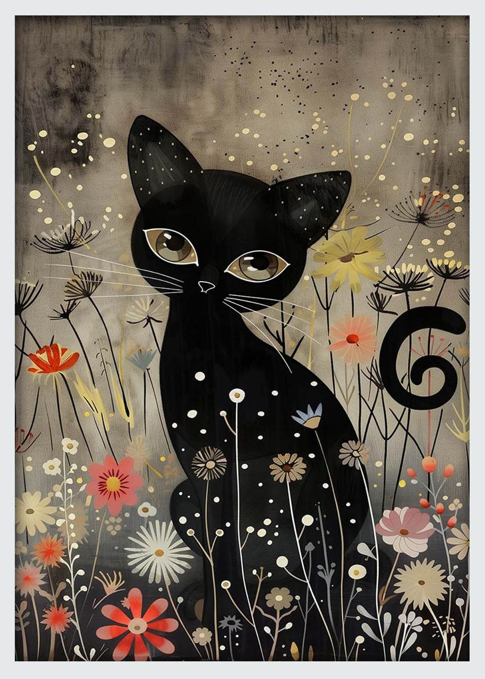 Mystical Black Cat in Wildflowers – Whimsical Canvas & Poster Wall Art – T1041 – AiPrintLab