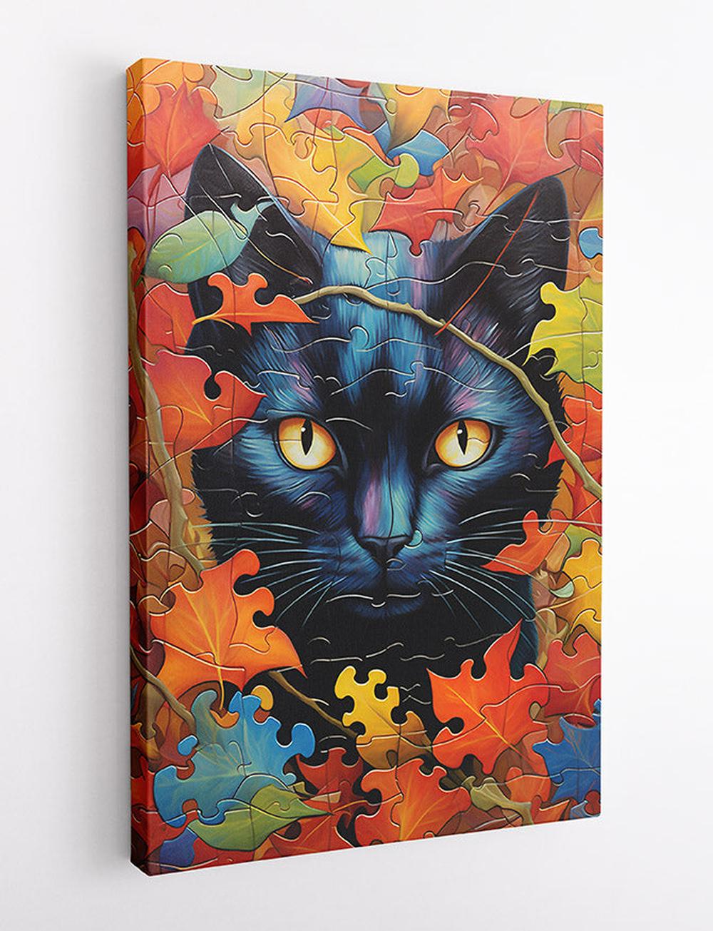 Mystical Black Cat with Autumn Leaves Art Print & Canvas – T737 – AiPrintLab