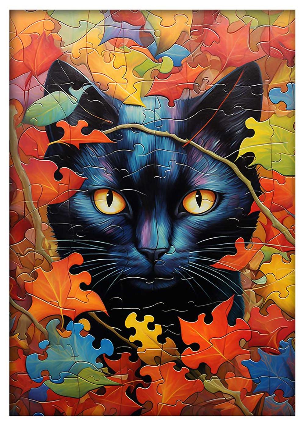 Mystical Black Cat with Autumn Leaves Art Print & Canvas – T737 – AiPrintLab
