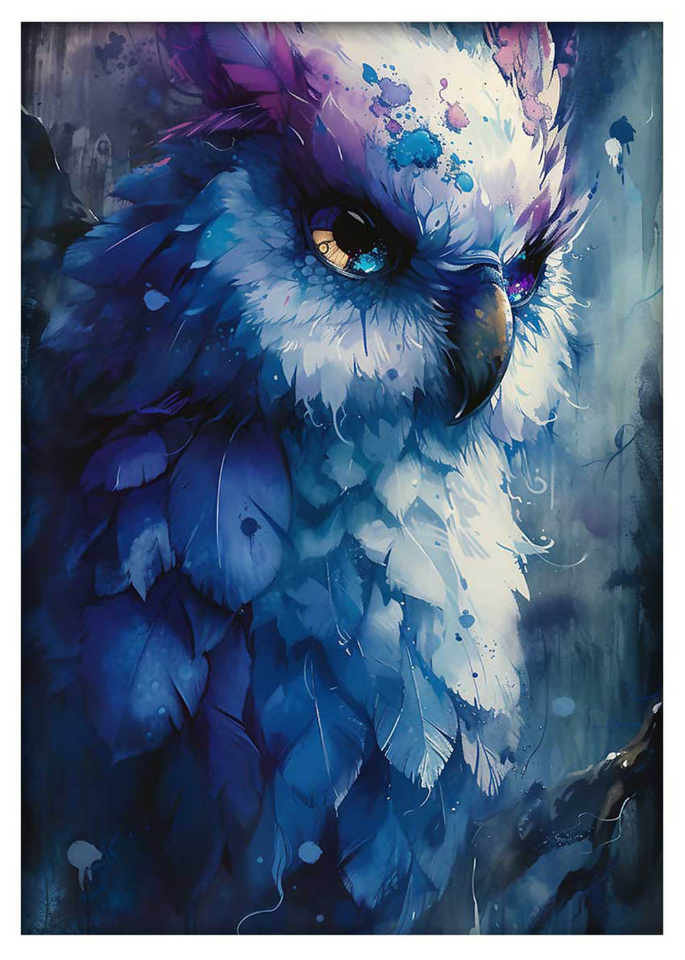 Mystical Blue Owl Watercolor Art – Fantasy Canvas & Poster Wall Print – T902 – AiPrintLab