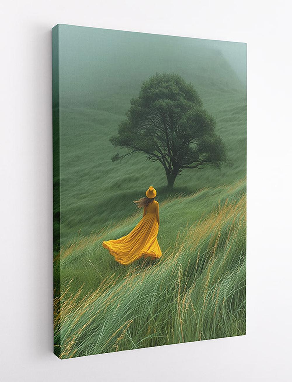 Mystical Meadow Woman in Yellow Dress Canvas Art & Poster – T650 – AiPrintLab