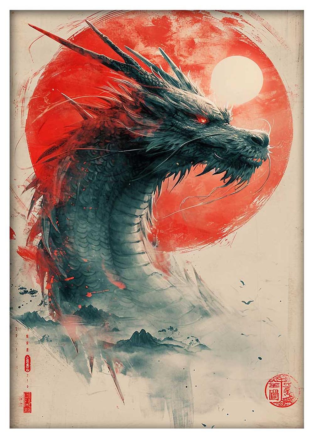 Mythical Eastern Dragon with Red Sun Canvas Art & Poster – T652 – AiPrintLab