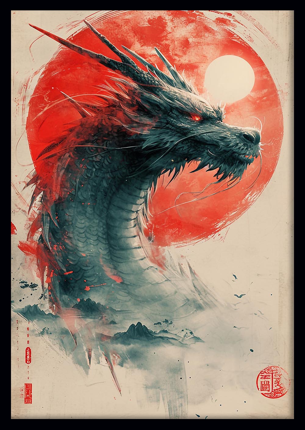 Mythical Eastern Dragon with Red Sun Canvas Art & Poster – T652 – AiPrintLab