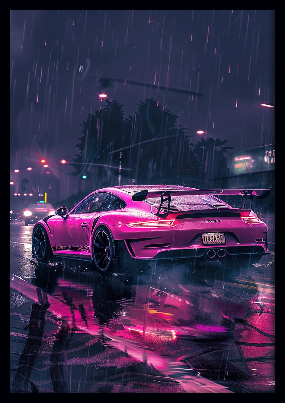 Neon Pink Porsche in Rain – Futuristic Street Racing Canvas & Poster Wall Art – T1277 – AiPrintLab