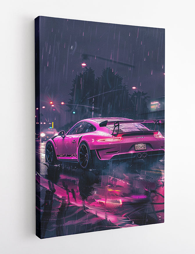 Neon Pink Porsche in Rain – Futuristic Street Racing Canvas & Poster Wall Art – T1277 – AiPrintLab
