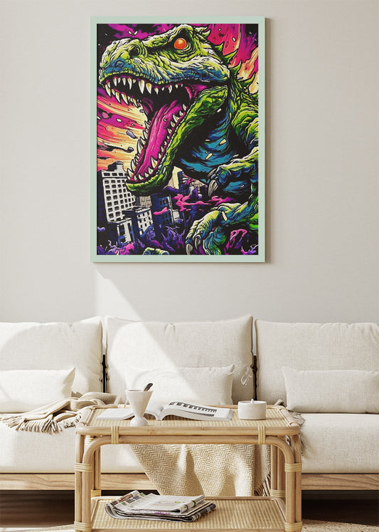 Neon T-Rex City Attack Canvas Print & Poster – Cyberpunk Monster Wall Art