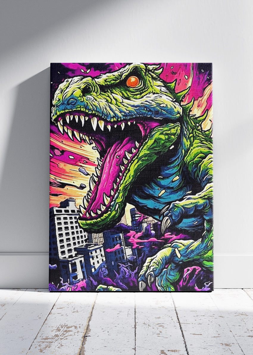 Neon T-Rex City Attack Canvas Print & Poster – Cyberpunk Monster Wall Art