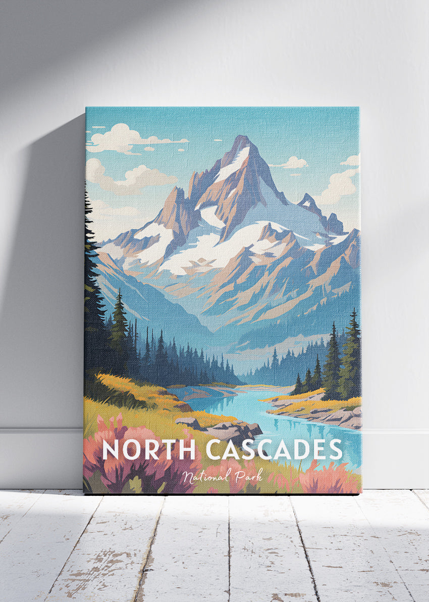 North Cascades National Park Poster & Canvas Print – Illustrated Mountain Landscape Wall Art