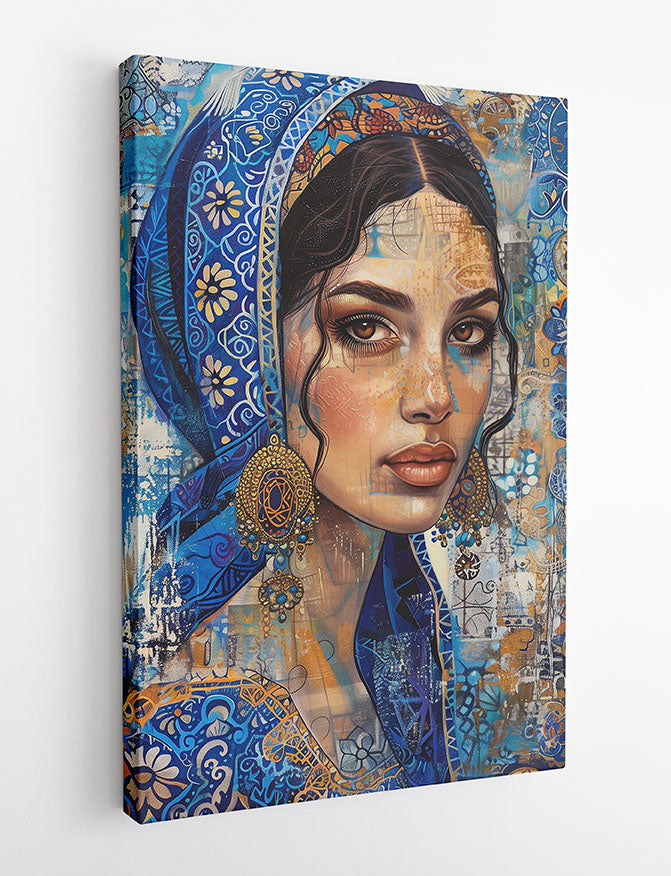 Oriental Elegance – Blue & Gold Cultural Woman Portrait Canvas & Poster Art – T1001 – AiPrintLab