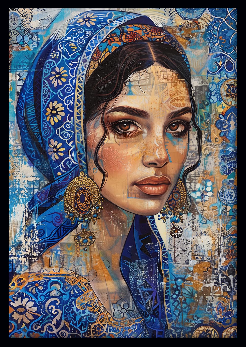 Oriental Elegance – Blue & Gold Cultural Woman Portrait Canvas & Poster Art – T1001 – AiPrintLab