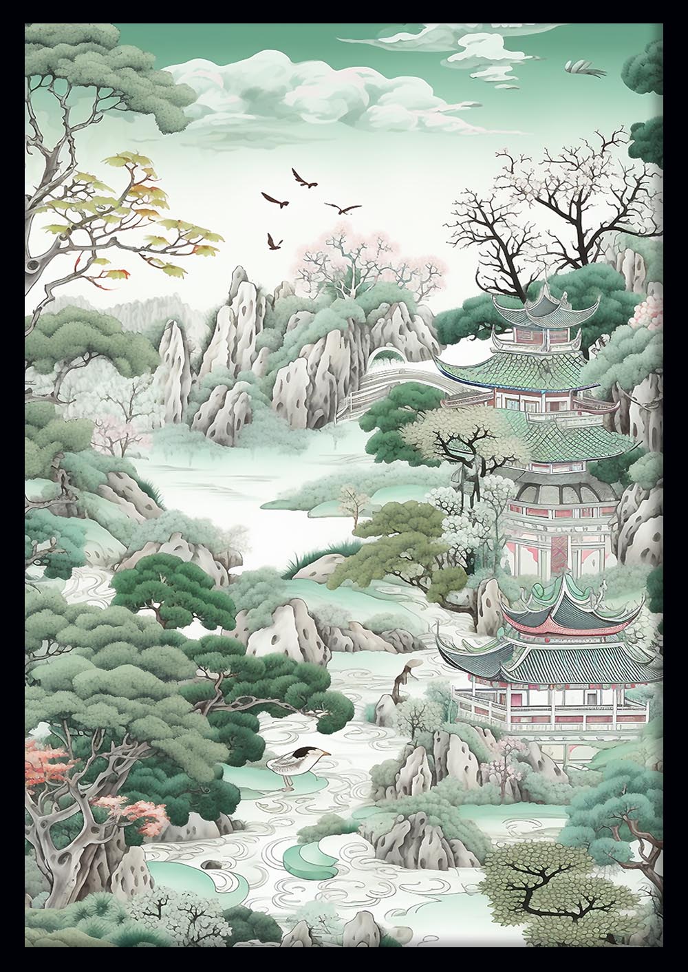 Oriental Pagoda Landscape Art Print & Canvas – T549 – AiPrintLab