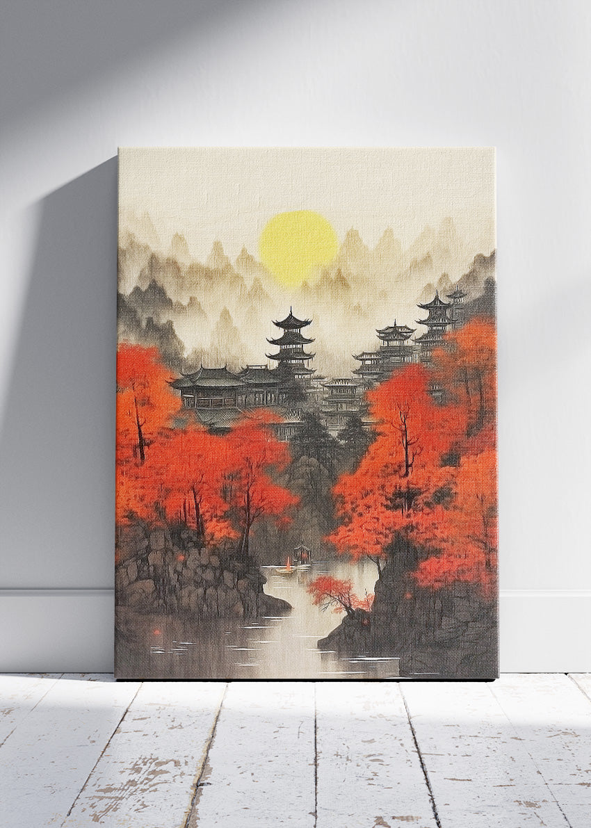 Oriental Pagoda Village with Red Autumn Trees – Japanese Style Landscape Wall Art Poster & Canvas – AI PRINT LAB