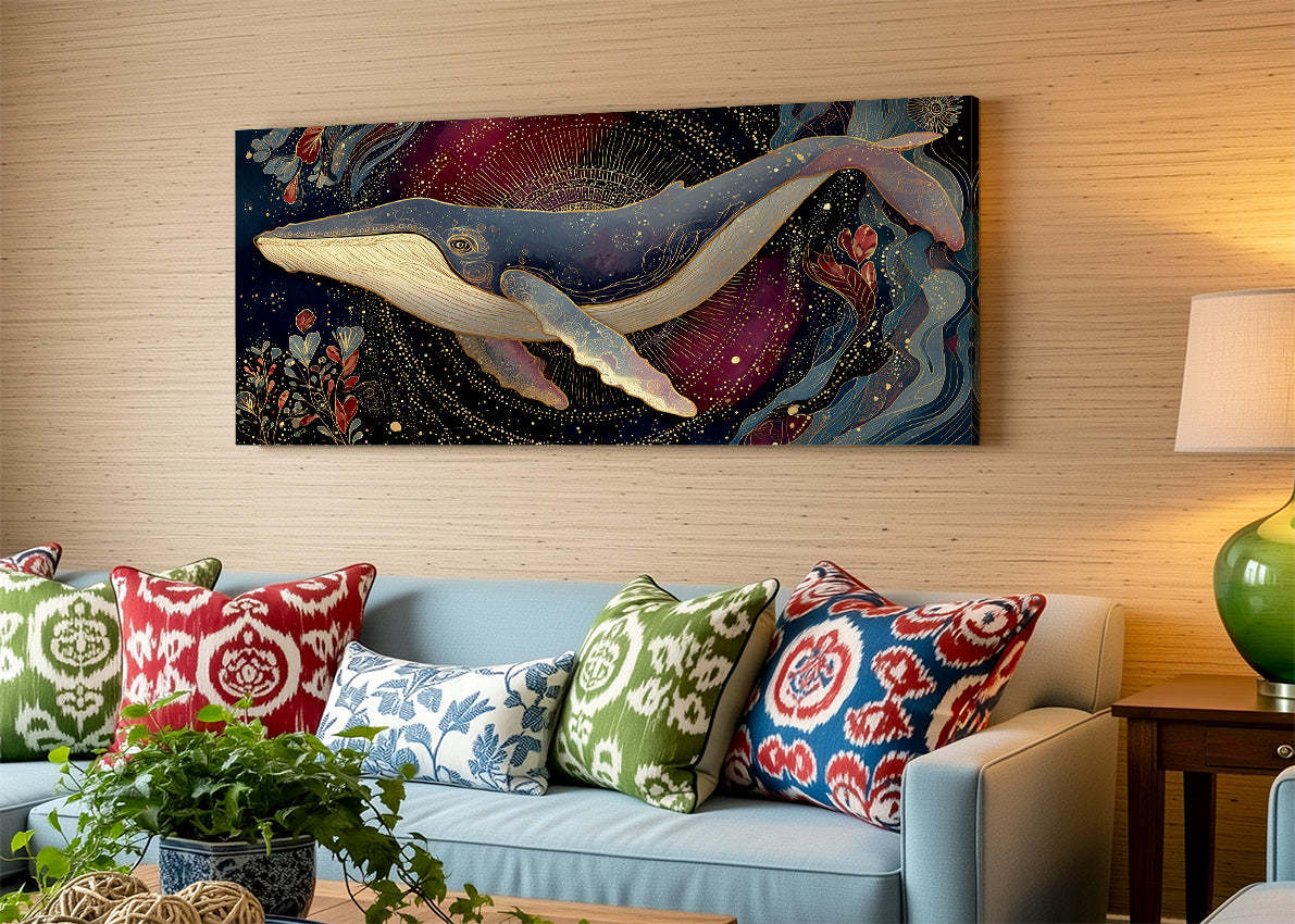 Ornate Celestial Whale Canvas Wall Art – Single & 3 Panel Split – AI PRINT LAB