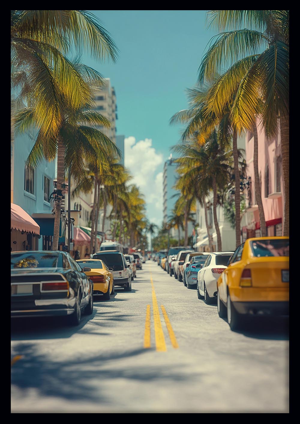 Palm-Lined Street in Miami – Tropical Cityscape Canvas & Poster Wall Art – T1214 – AiPrintLab