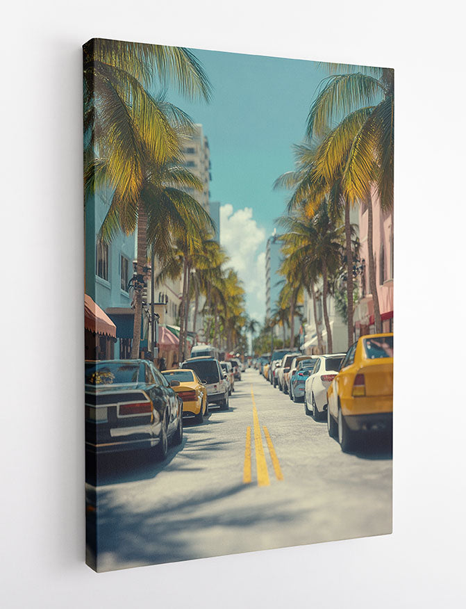 Palm-Lined Street in Miami – Tropical Cityscape Canvas & Poster Wall Art – T1214 – AiPrintLab