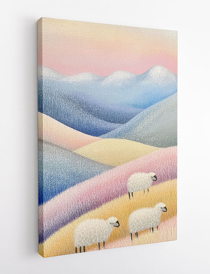 Pastel Hills with Grazing Sheep – Soft Landscape Canvas & Poster Wall Art – T1303 – AiPrintLab