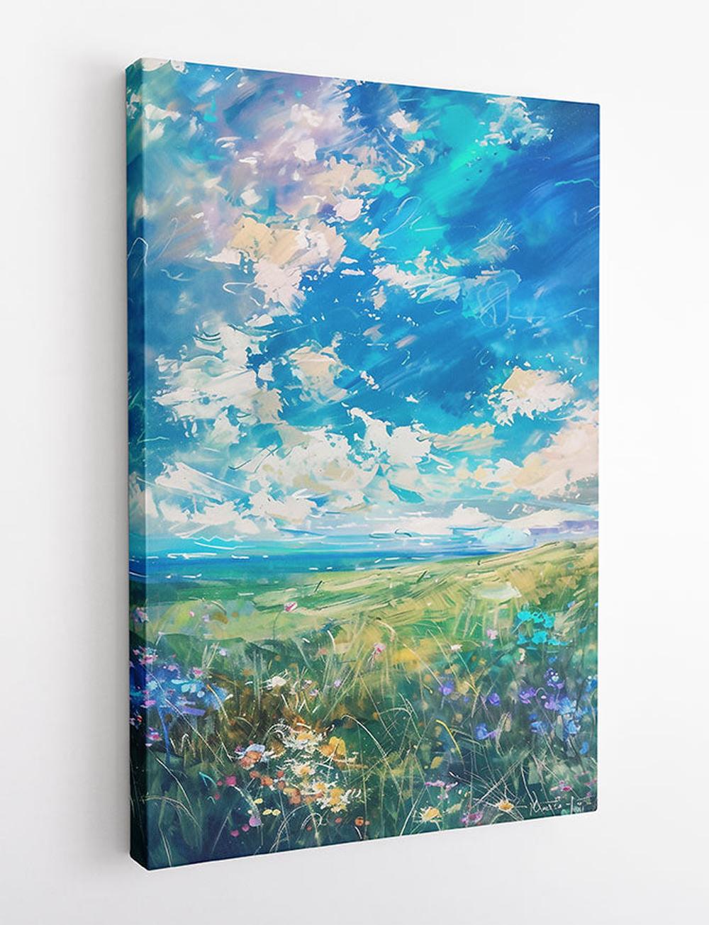 Pastel Meadow and Sky Landscape Canvas Wall Art – Tranquil Nature Scene – T858 – AiPrintLab