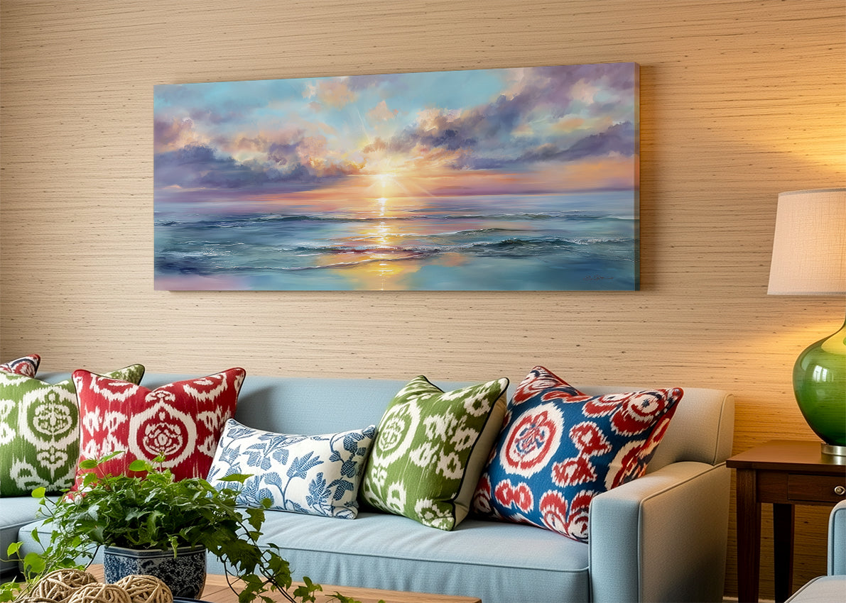Pastel Sunrise Over Ocean Canvas Wall Art – Single & 3 Panel Split – AI PRINT LAB