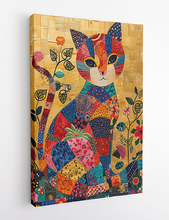 Patchwork Cat on Gold – Whimsical Colorful Animal Canvas Wall Art – T951 – AiPrintLab