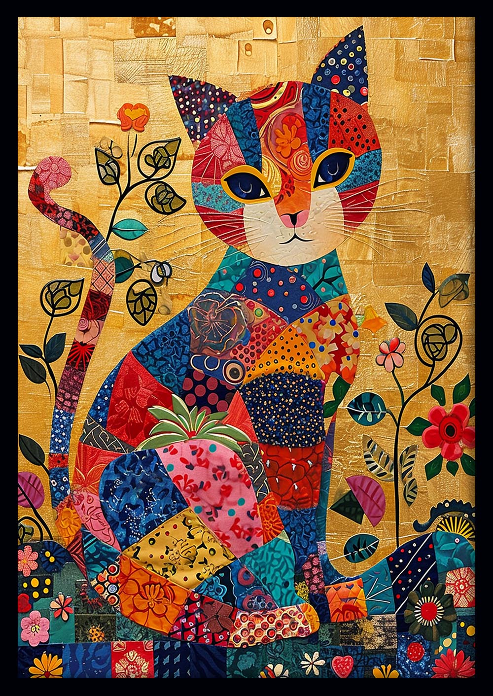 Patchwork Cat on Gold – Whimsical Colorful Animal Canvas Wall Art – T951 – AiPrintLab