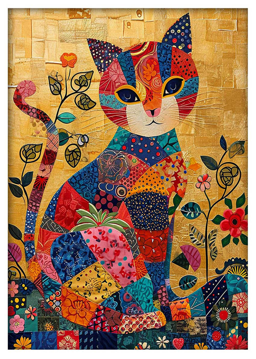 Patchwork Cat on Gold – Whimsical Colorful Animal Canvas Wall Art – T951 – AiPrintLab