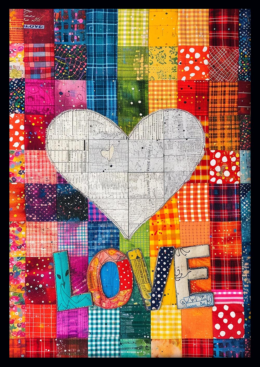 Patchwork Heart & Love Collage – Colorful Mixed Media Poster & Canvas Art – T920 – AiPrintLab