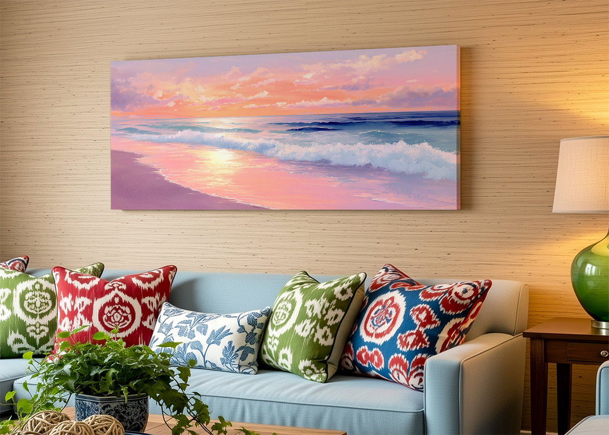 Pink Sunset Ocean Waves Canvas Wall Art – Single & 3 Panel Canvas – AI PRINT LAB
