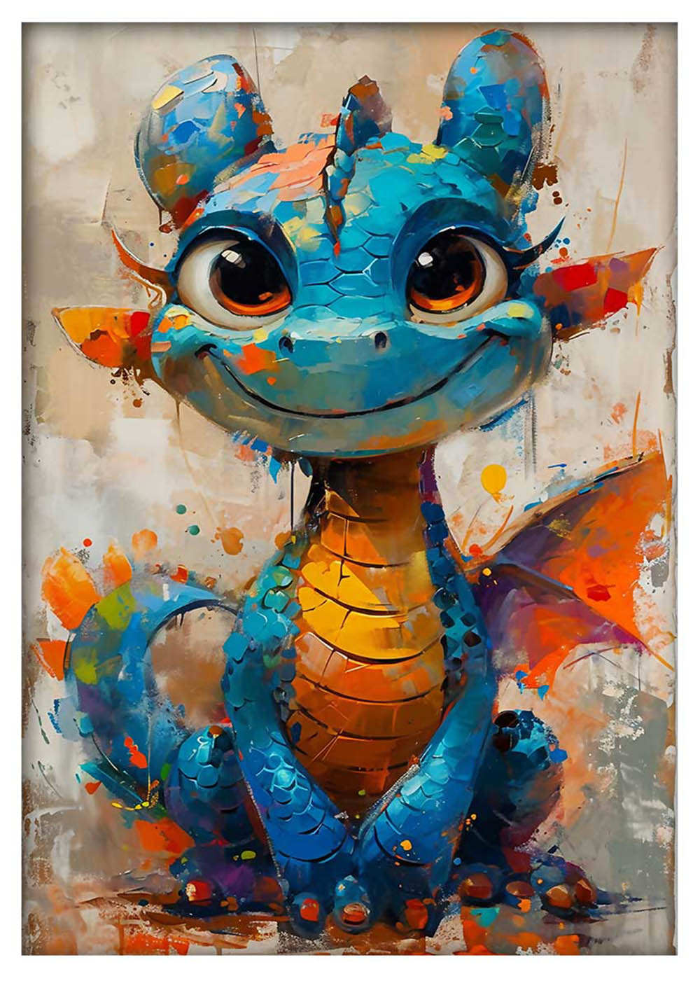 Playful Baby Dragon in Blue & Orange – Whimsical Fantasy Poster & Canvas Wall Art – T914 – AiPrintLab
