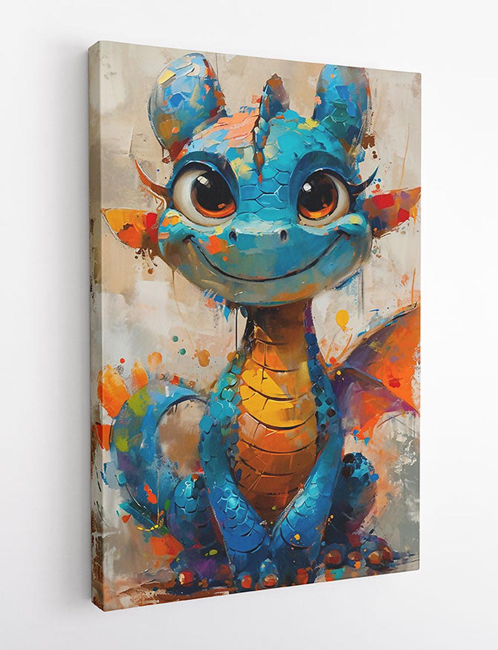 Playful Baby Dragon in Blue & Orange – Whimsical Fantasy Poster & Canvas Wall Art – T914 – AiPrintLab