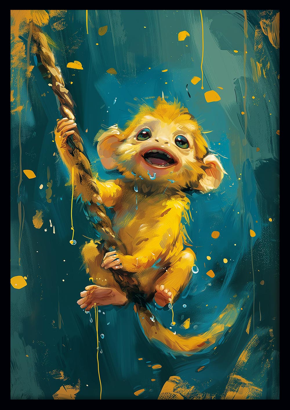 Playful Baby Monkey Swinging – Cute Jungle Animal Canvas & Poster Wall Art – T1267 – AiPrintLab
