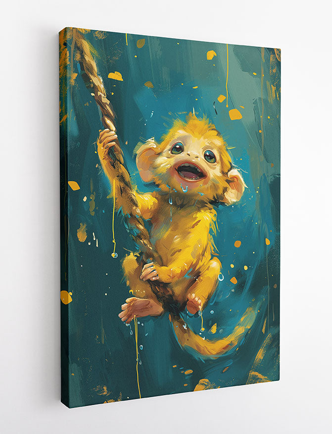 Playful Baby Monkey Swinging – Cute Jungle Animal Canvas & Poster Wall Art – T1267 – AiPrintLab