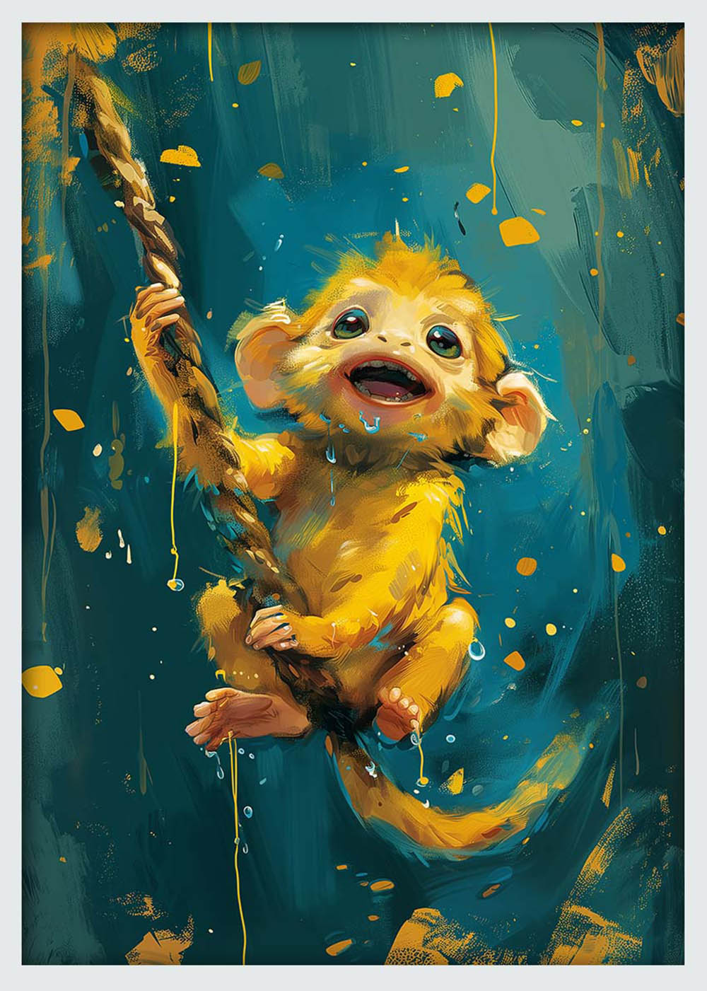 Playful Baby Monkey Swinging – Cute Jungle Animal Canvas & Poster Wall Art – T1267 – AiPrintLab