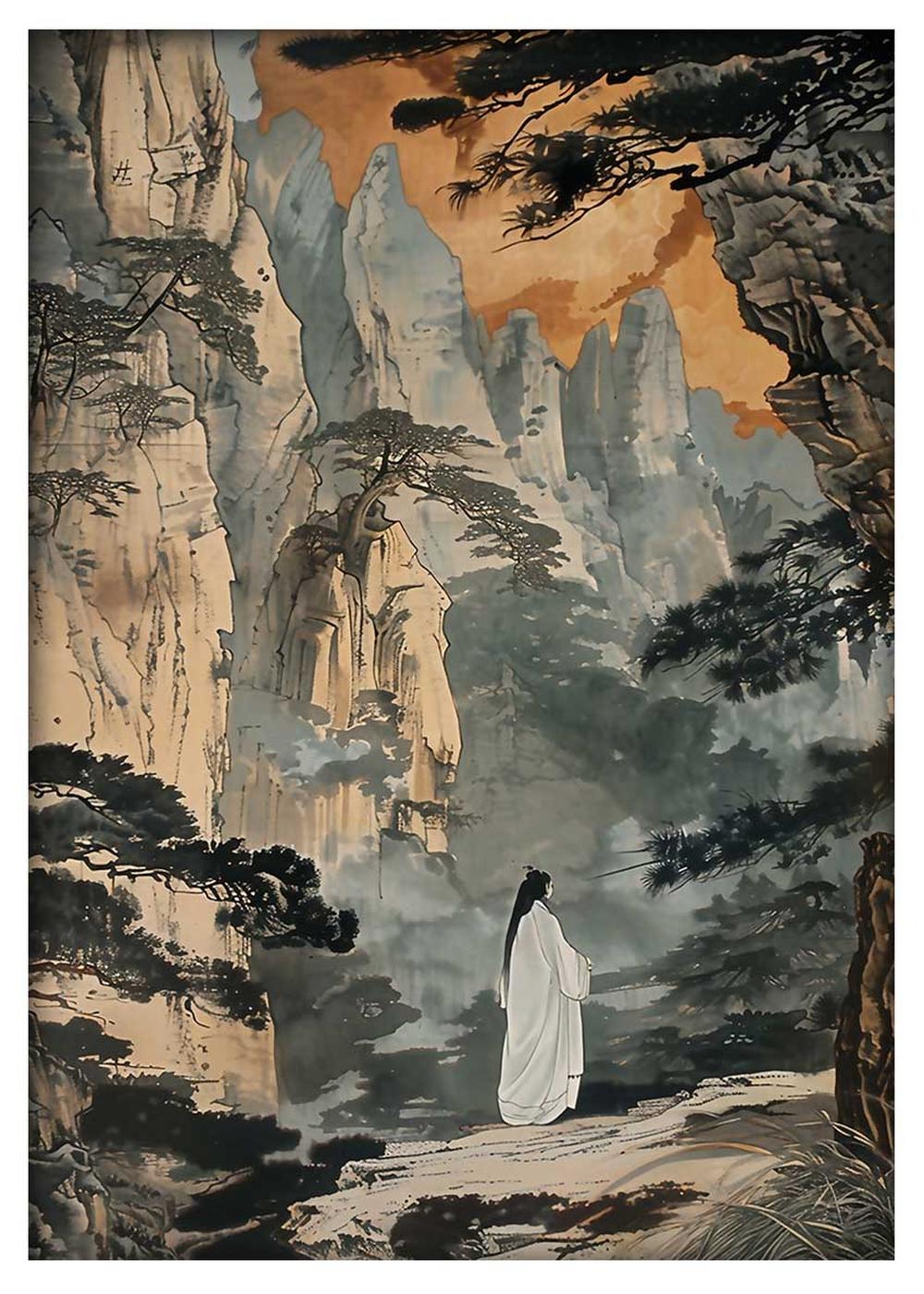 Poet in the Mist – Traditional Chinese Ink Landscape Canvas & Poster Art – T820 – AiPrintLab