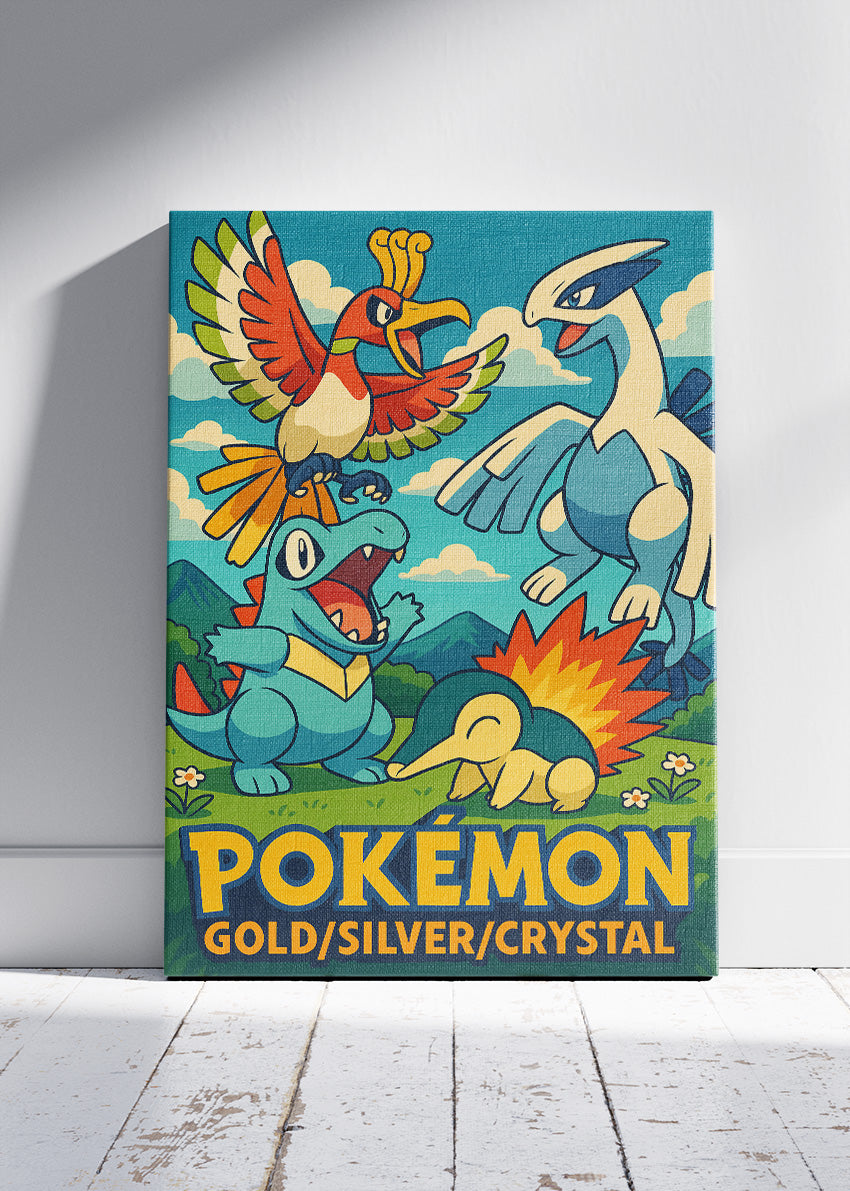 Pokémon Gold Silver Crystal Wall Art | Johto Legendary Ho-Oh Lugia Retro Gaming Poster & Canvas