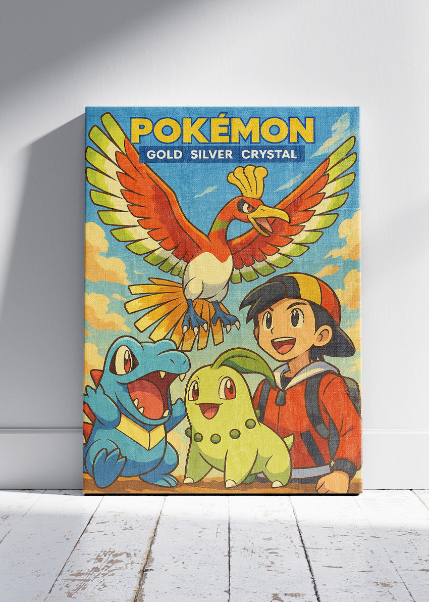 Pokémon Gold Silver Crystal Wall Art | Johto Region Ho-Oh Chikorita Totodile Retro Gaming Poster & Canvas